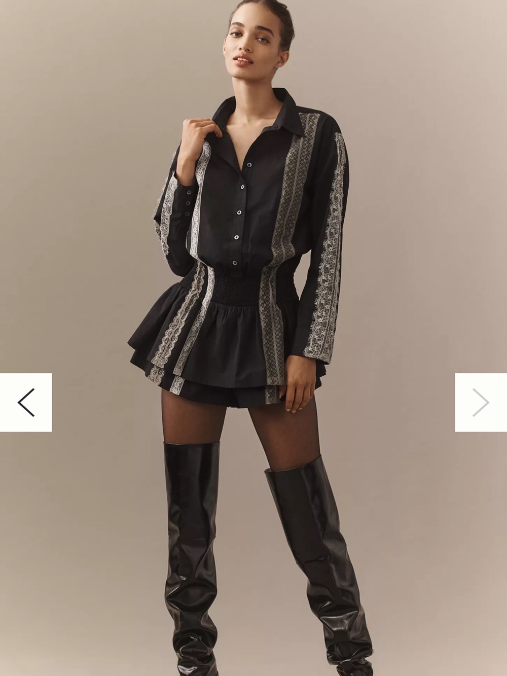 Anthropologie Black Button-Down Top with Cream Lace Trim